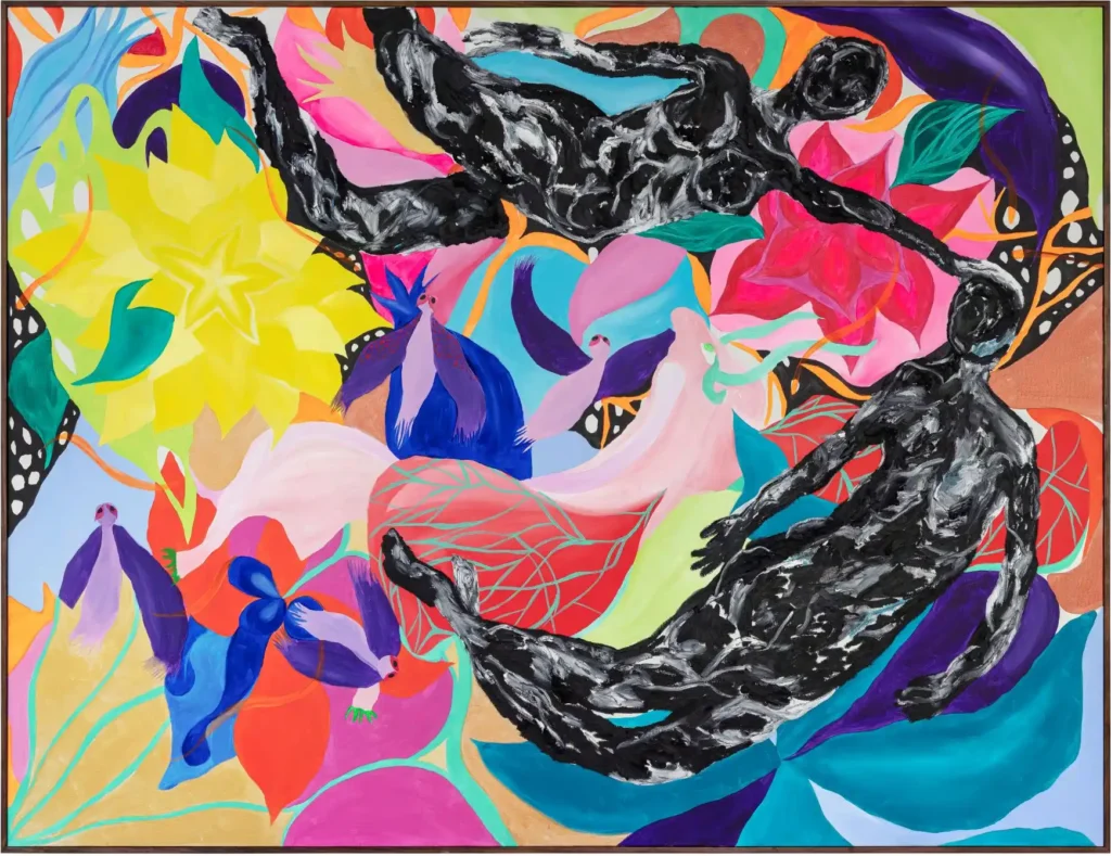 Pintura intitulada 'Amor justo para respirar na elevação da solidão' (2021), de Heloisa Hariadne. A obra, em acrílica e bastão de óleo sobre tela (146 x 196 x 4 cm), apresenta duas figuras humanas negras de corpos texturizados em preto e branco, flutuando em meio a um ambiente abstrato e vibrante, repleto de formas florais e cores intensas como amarelo, azul, rosa e laranja. A composição transmite leveza e conexão, evocando temas de afeto e elevação espiritual.