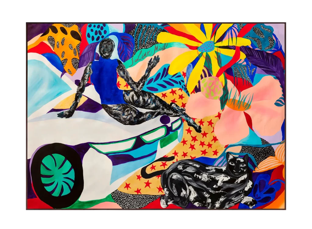 heloisa hariadne “mi, miself and i” algumas estrelas vão brilhar mais do que o céu suportará abrigar, 2022 acrílica e bastão de óleo sobre tela 142 x 242 x 4 cm filipe berndt fundo transparente mais