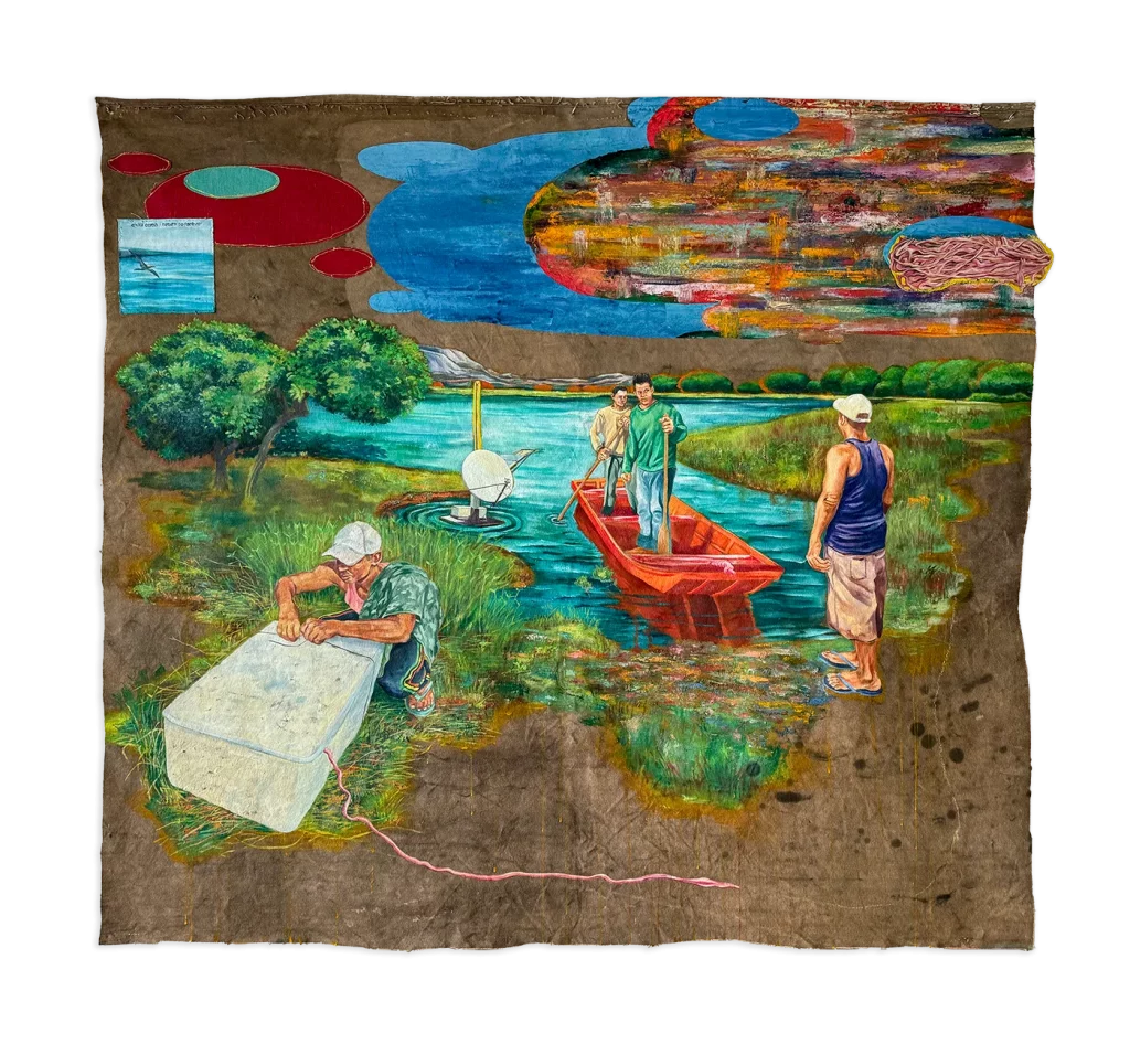 Obra de arte contemporânea de Felipe Rezende intitulada Das Tripas Nuvens (2023), criada com óleo, acrílica e costura sobre lona de caminhão. A composição apresenta uma materialidade densa, explorando narrativas do cotidiano brasileiro por meio do uso de elementos urbanos reutilizados. A obra destaca a interseção entre trabalho manual, memória e poesia visual, característica marcante da prática do artista.