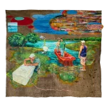 Obra de arte contemporânea de Felipe Rezende intitulada Das Tripas Nuvens (2023), criada com óleo, acrílica e costura sobre lona de caminhão. A composição apresenta uma materialidade densa, explorando narrativas do cotidiano brasileiro por meio do uso de elementos urbanos reutilizados. A obra destaca a interseção entre trabalho manual, memória e poesia visual, característica marcante da prática do artista.