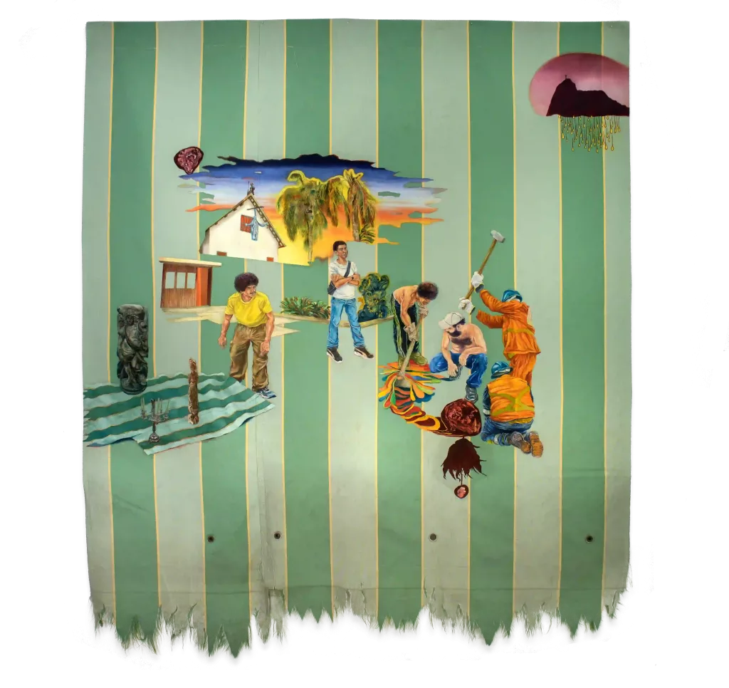 A coisa ou bomba de coração na mansão K" (2023), de Felipe Rezende, acrílica e óleo sobre lona de toldo (178 x 200 cm), combina cenas familiares e surreais em um fundo listrado. A obra explora vínculos humanos, cotidianos e tensões simbólicas, equilibrando narrativa doméstica e atmosferas oníricas.