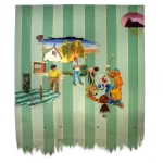 A coisa ou bomba de coração na mansão K" (2023), de Felipe Rezende, acrílica e óleo sobre lona de toldo (178 x 200 cm), combina cenas familiares e surreais em um fundo listrado. A obra explora vínculos humanos, cotidianos e tensões simbólicas, equilibrando narrativa doméstica e atmosferas oníricas.