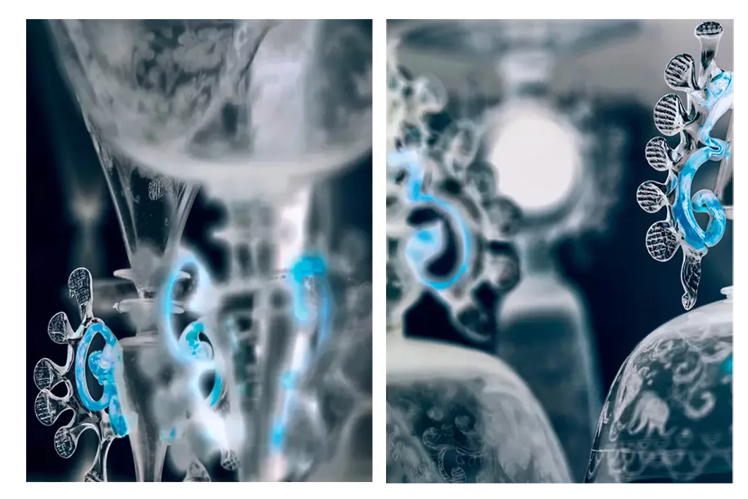Diptych of the work Photophores (2025) by Elisa Sighicelli, featuring photographs of details of ancient glass with bright blue light effects. The images create an ethereal and abstract atmosphere, enhancing the transparency and ornamentation of the objects in a contemporary approach to the materiality of glass.
