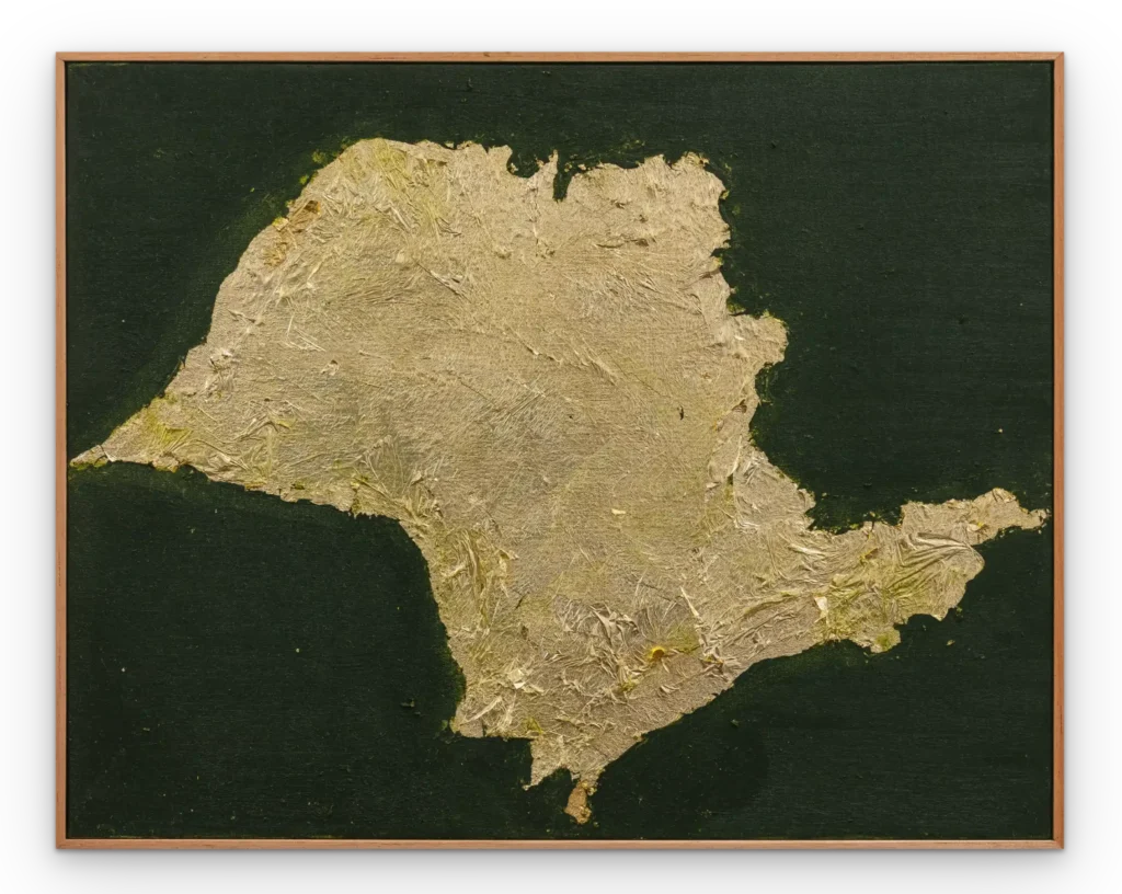 gabriel jaguaribe giucci sp, série estado nação, 2025 folha de ouro e bastão de óleo sobre linho 43,5 x 54,5 x 3 cm sombra tripla