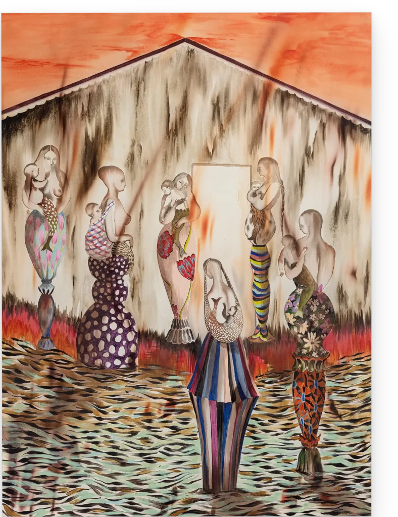 luciano maia as mulheres do boto, 2026 acrílica sobre sedas recortadas 112 x 80 cm photo filipe berndt sombra tripla